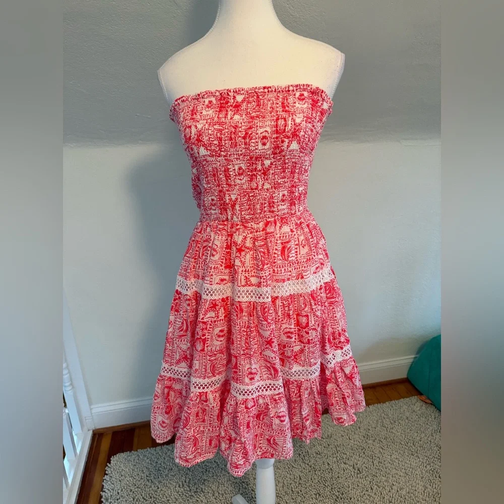 Lilly Pulitzer Kelvina Strapless Smocked Dress in Mizner Red Seaside Harbour M - Picture 2 of 9
